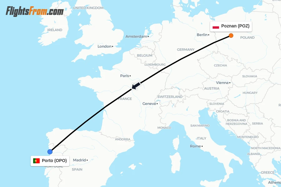 Flights from Poznan to Porto route map