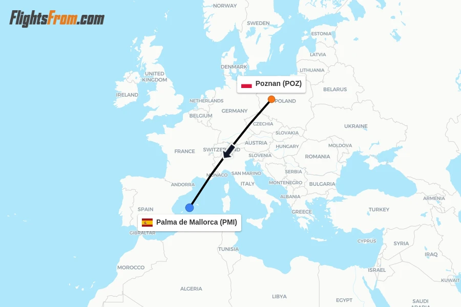 Flights from Poznan to Palma de Mallorca route map
