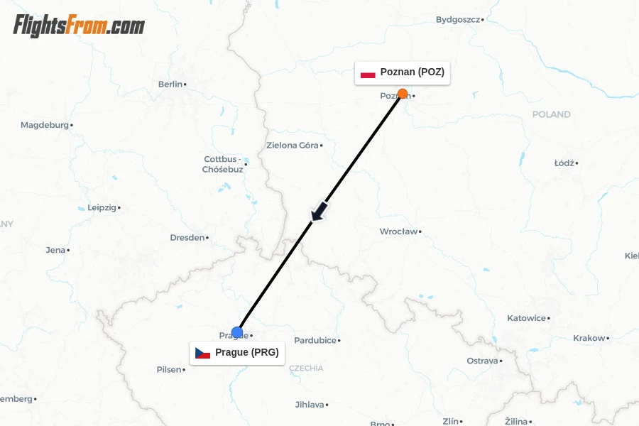Flights from Poznan to Prague route map