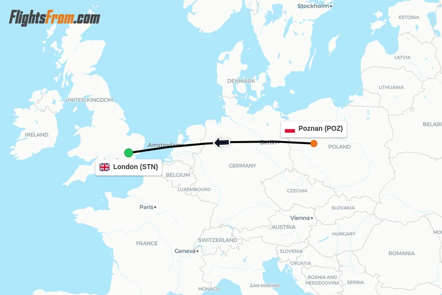 Flights from Poznan to London route map