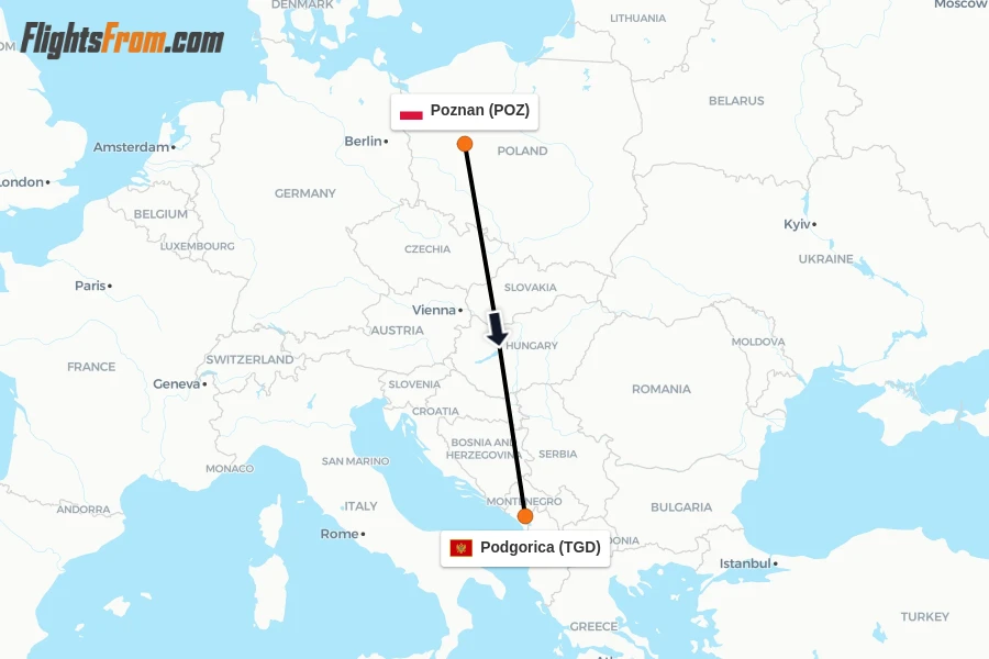 Flights from Poznan to Podgorica route map