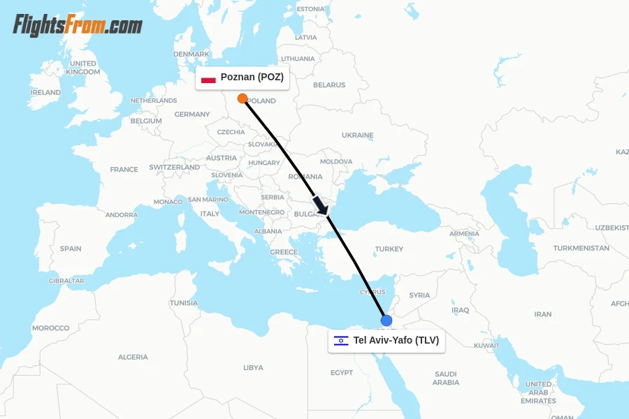 Flights from Poznan to Tel Aviv-Yafo route map