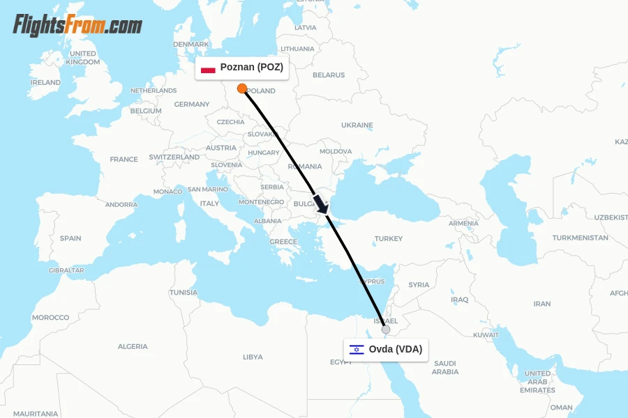 Flights from Poznan to Ovda route map