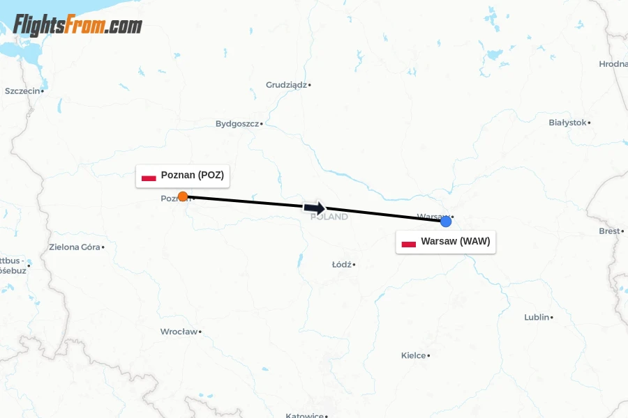Flights from Poznan to Warsaw route map