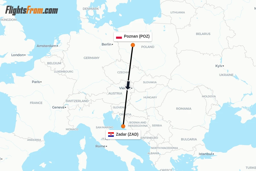 Flights from Poznan to Zadar route map