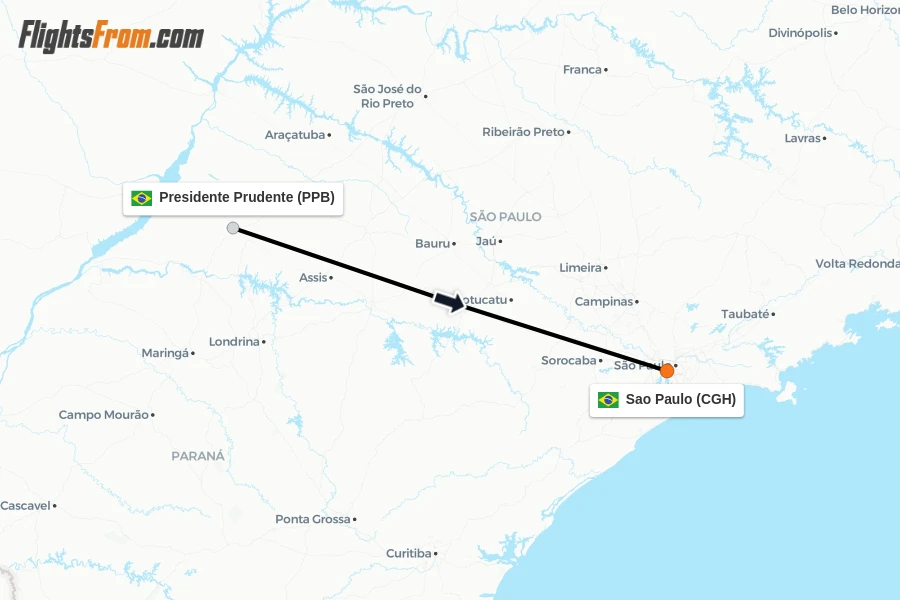 Flights from Presidente Prudente to Sao Paulo route map