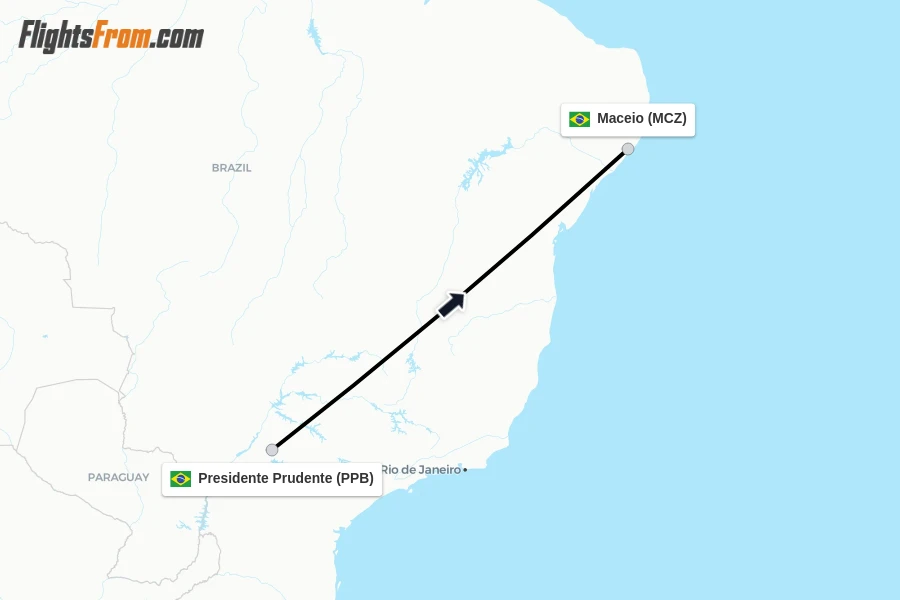 Flights from Presidente Prudente to Maceio route map