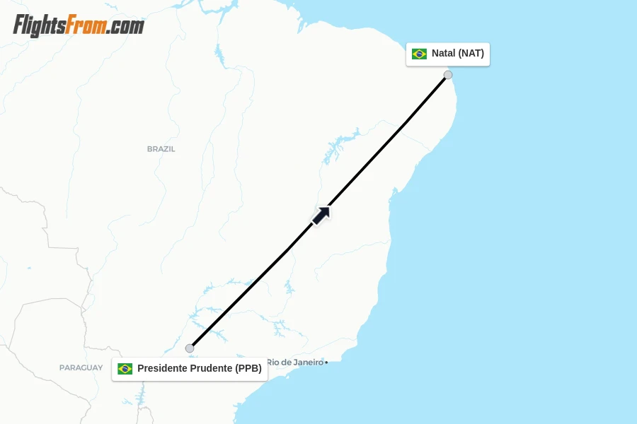 Flights from Presidente Prudente to Natal route map