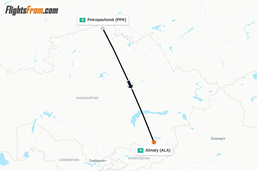 Flights from Petropavlovsk to Almaty route map