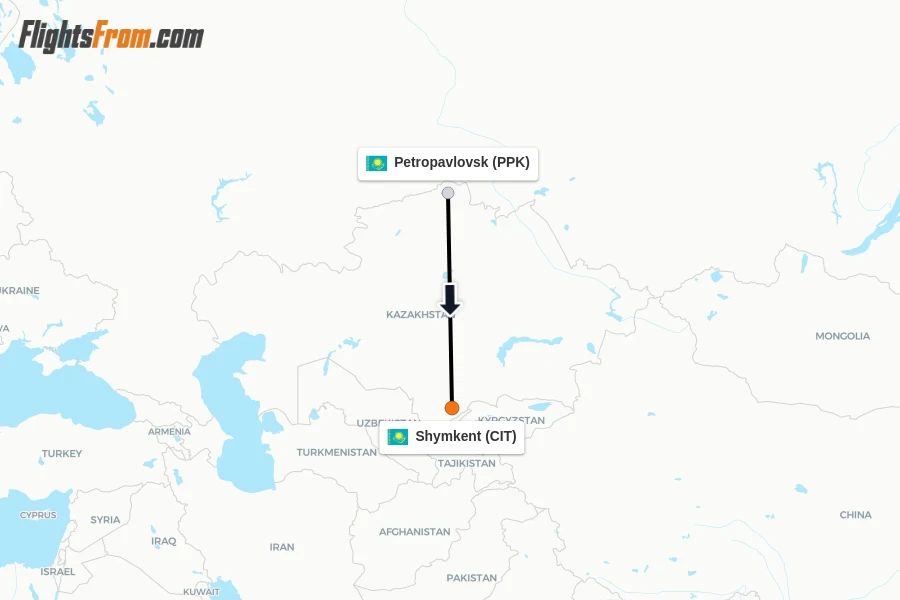 Flights from Petropavlovsk to Shymkent route map