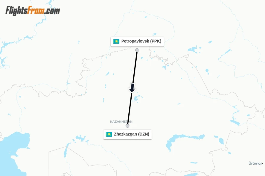 Flights from Petropavlovsk to Zhezkazgan route map