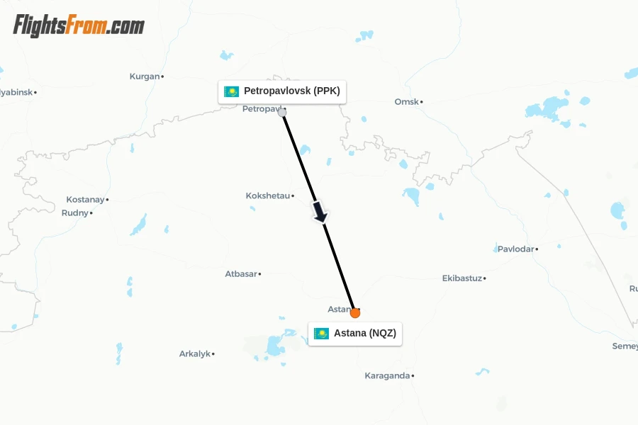 Flights from Petropavlovsk to Astana route map