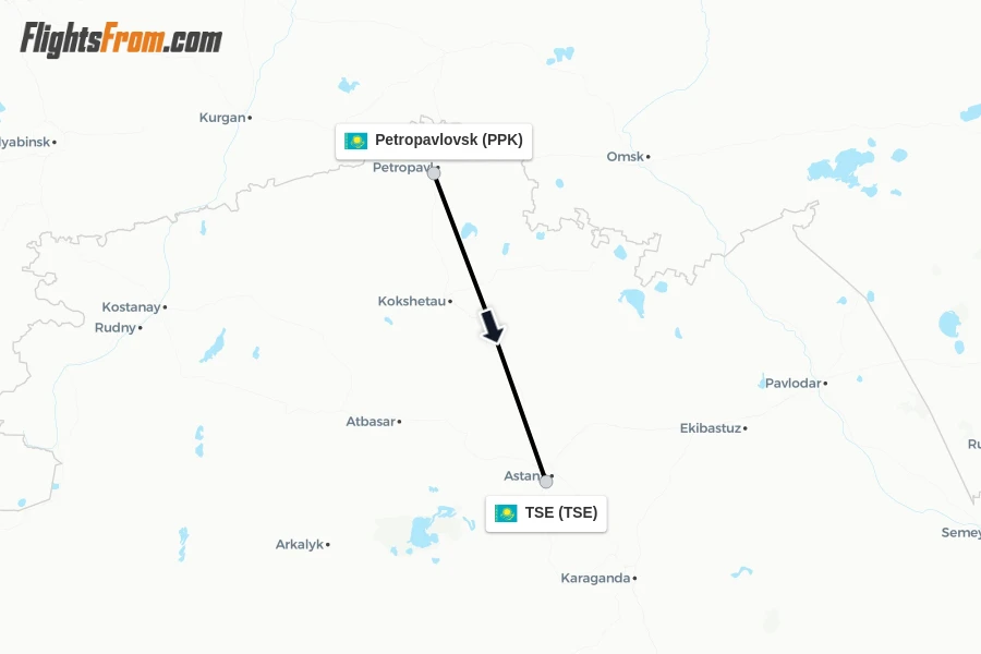 Flights from Petropavlovsk to TSE route map