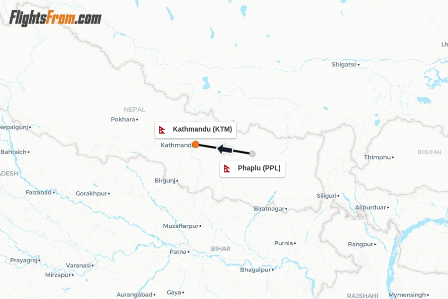 Flights from Phaplu to Kathmandu route map