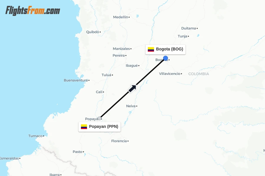 Flights from Popayan to Bogota route map