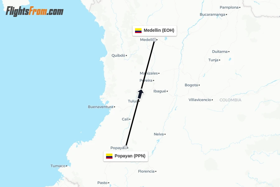 Flights from Popayan to Medellin route map