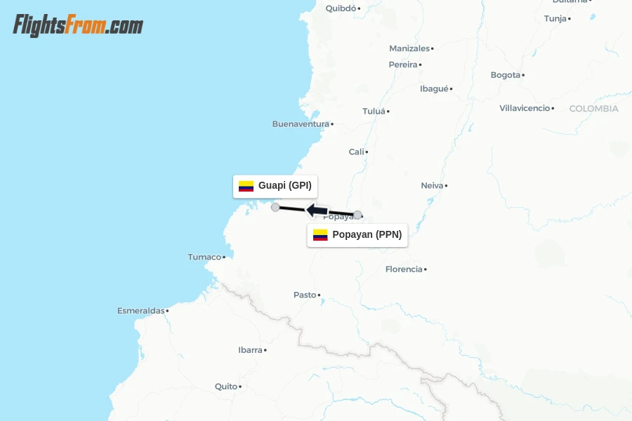 Flights from Popayan to Guapi route map