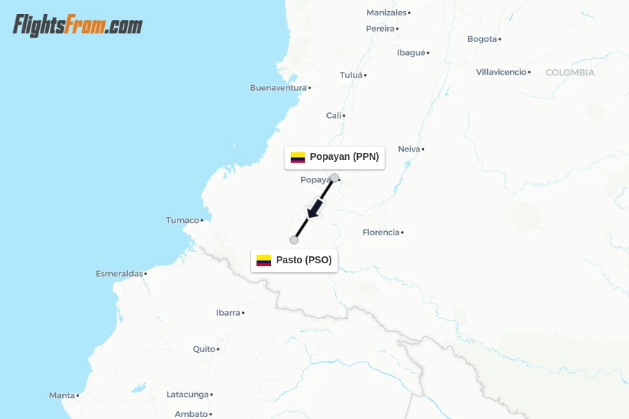 Flights from Popayan to Pasto route map
