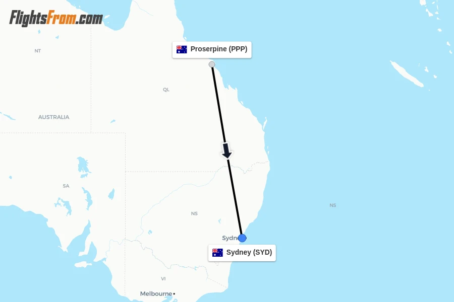 Flights from Proserpine to Sydney route map