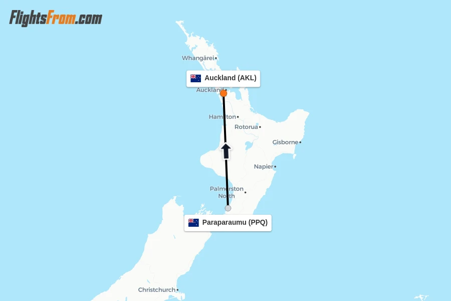 Flights from Paraparaumu to Auckland route map