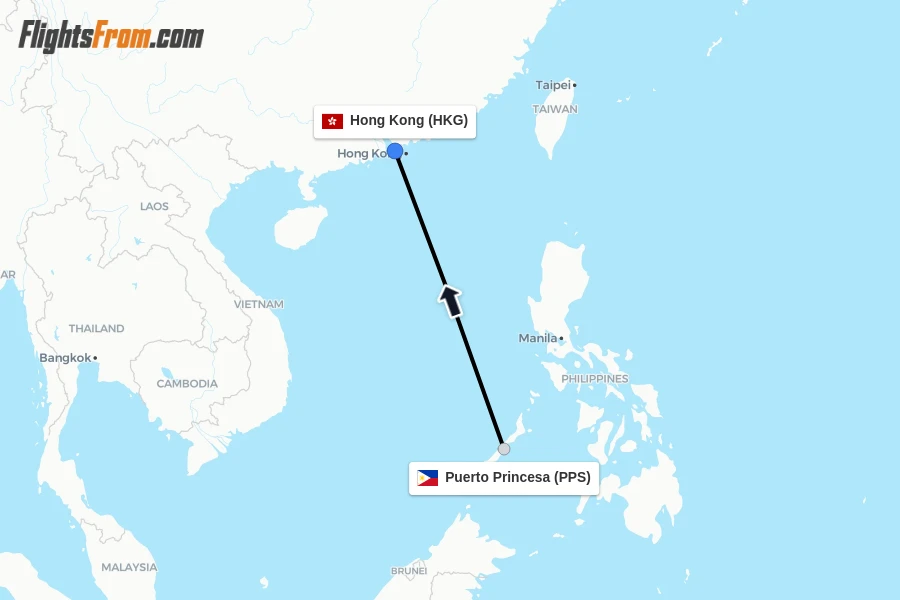 Flights from Puerto Princesa to Hong Kong route map