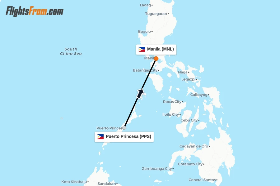 Flights from Puerto Princesa to Manila route map