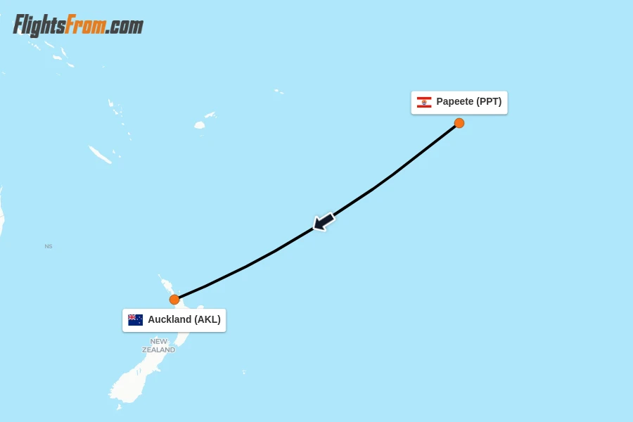 Flights from Papeete to Auckland route map