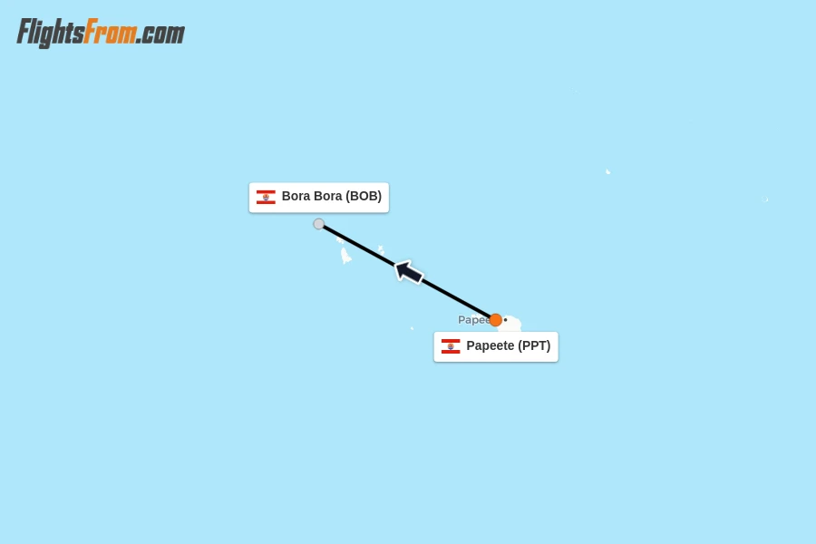 Flights from Papeete to Bora Bora route map