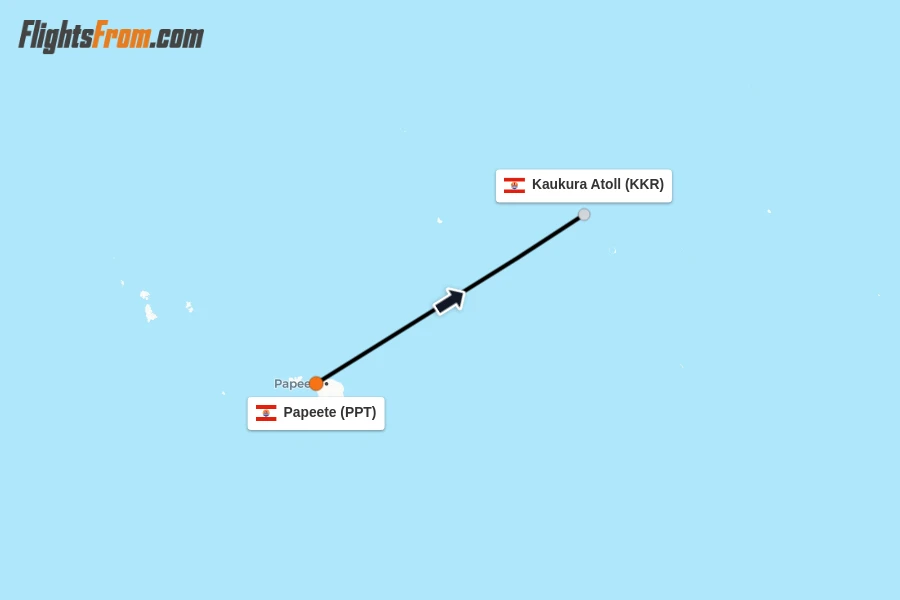 Flights from Papeete to Kaukura Atoll route map
