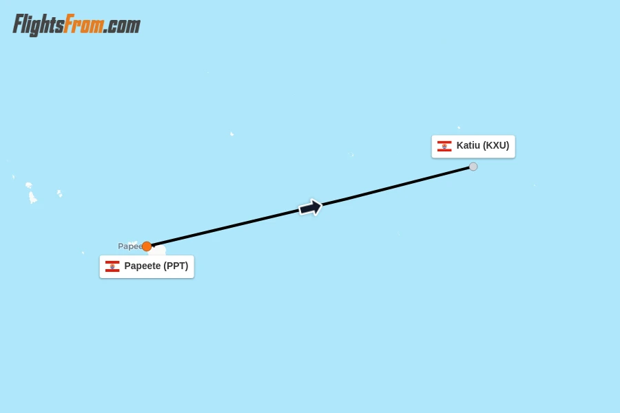 Flights from Papeete to Katiu route map