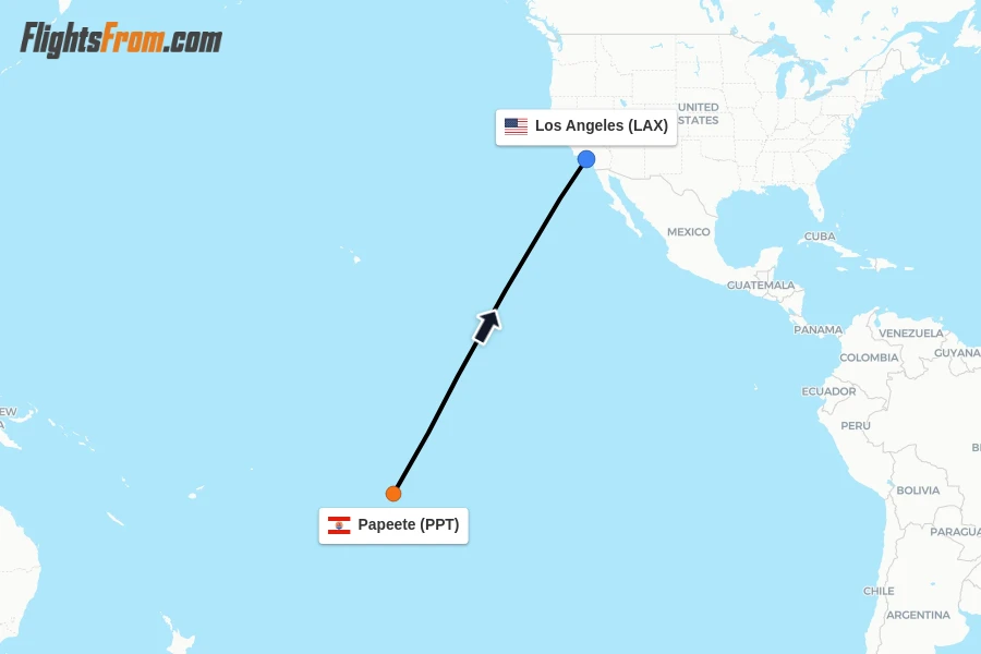 Flights from Papeete to Los Angeles route map