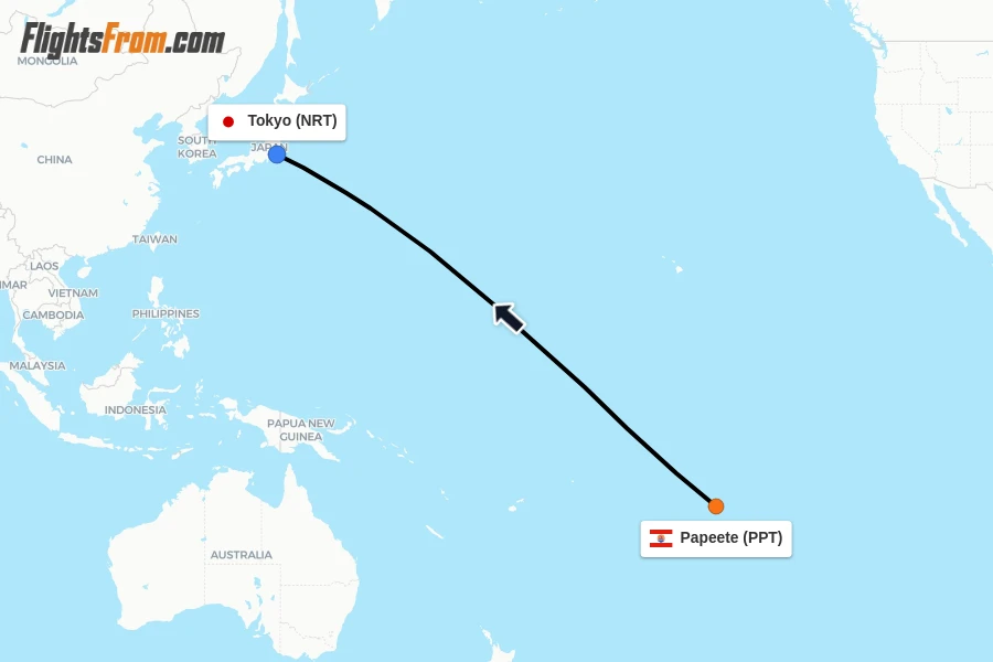 Flights from Papeete to Tokyo route map