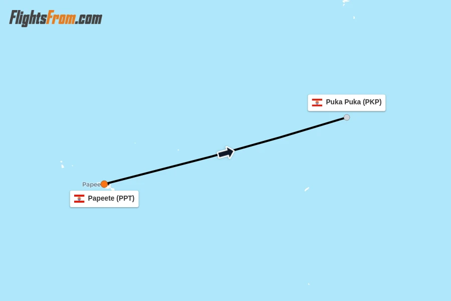 Flights from Papeete to Puka Puka route map