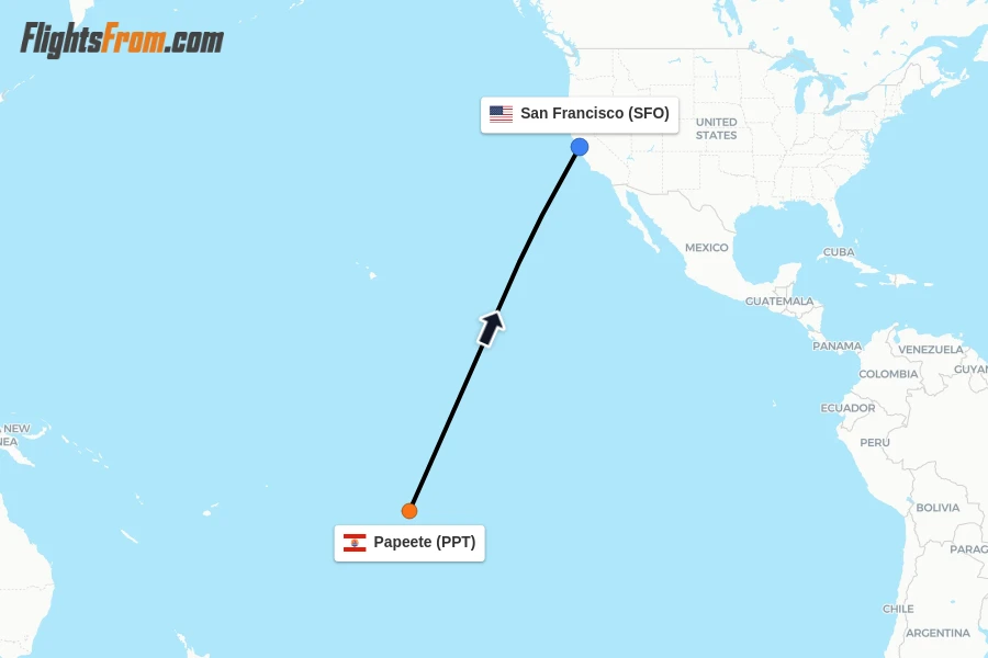 Flights from Papeete to San Francisco route map