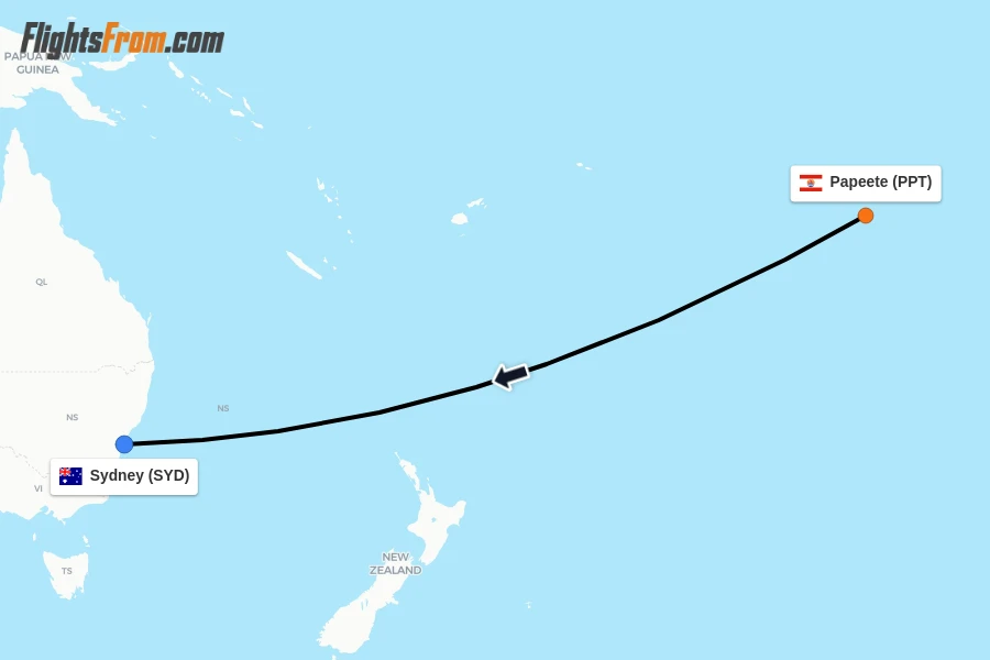 Flights from Papeete to Sydney route map