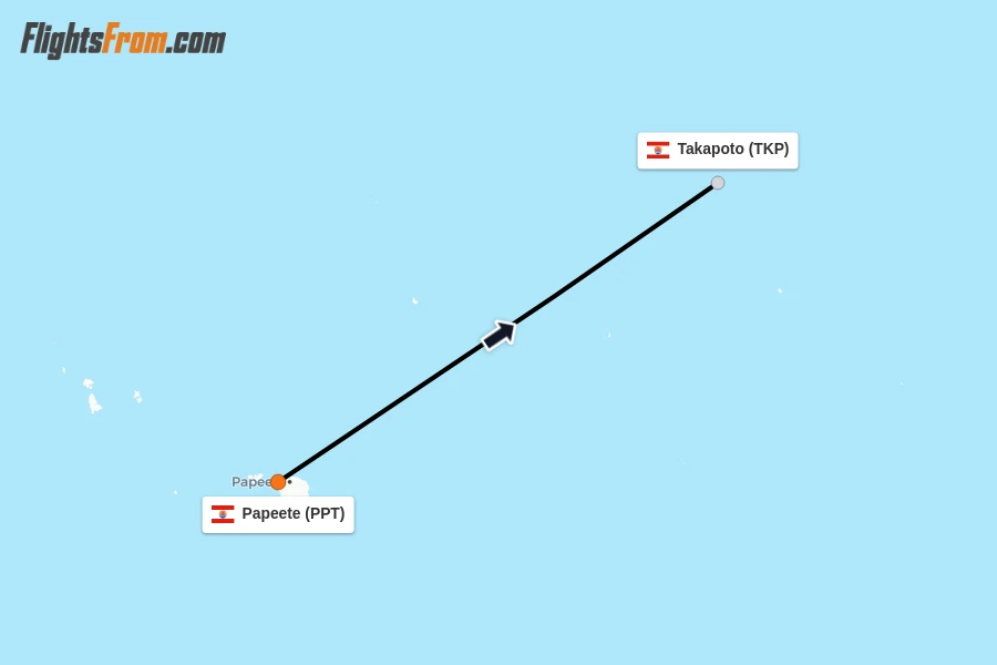 Flights from Papeete to Takapoto route map