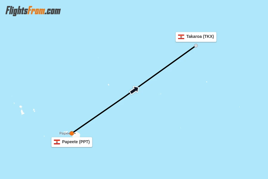 Flights from Papeete to Takaroa route map