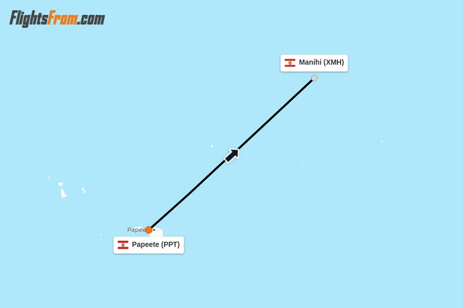 Flights from Papeete to Manihi route map