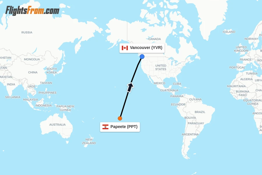 Flights from Papeete to Vancouver route map