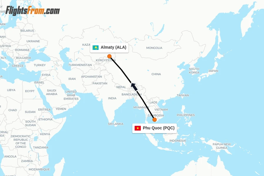Flights from Phu Quoc to Almaty route map
