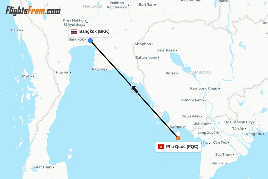 Flights from Phu Quoc to Bangkok route map