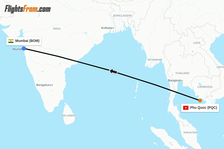 Flights from Phu Quoc to Mumbai route map