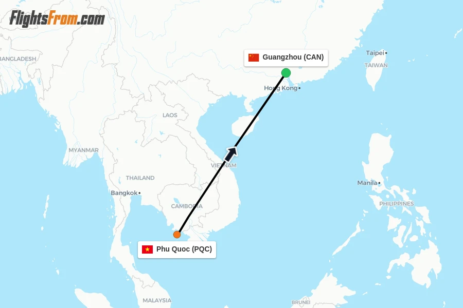 Flights from Phu Quoc to Guangzhou route map