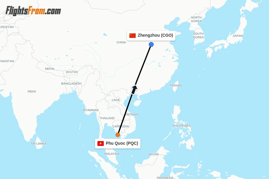 Flights from Phu Quoc to Zhengzhou route map
