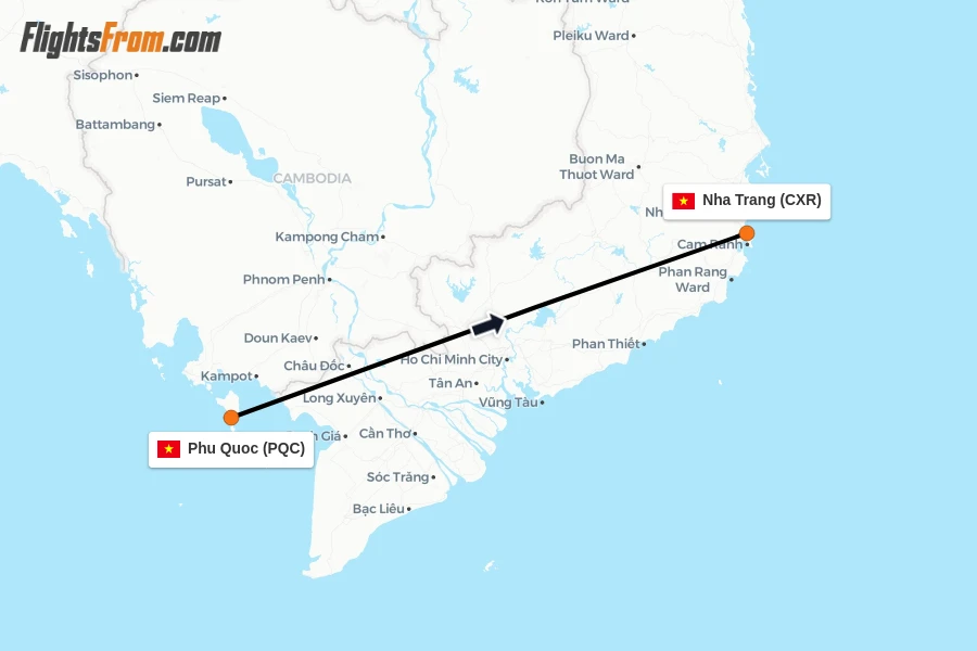 Flights from Phu Quoc to Nha Trang route map