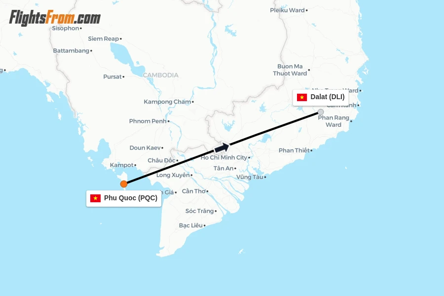 Flights from Phu Quoc to Dalat route map