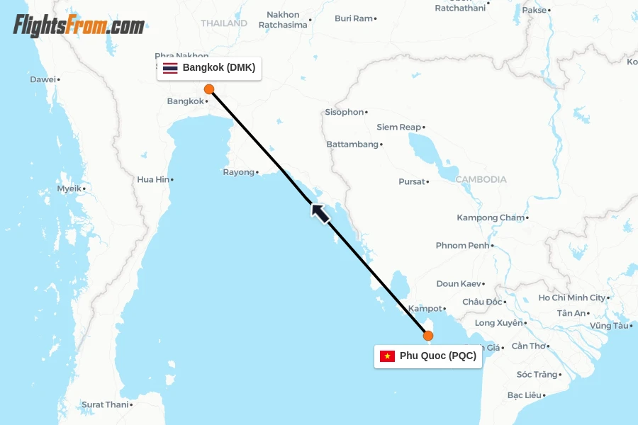 Flights from Phu Quoc to Bangkok route map