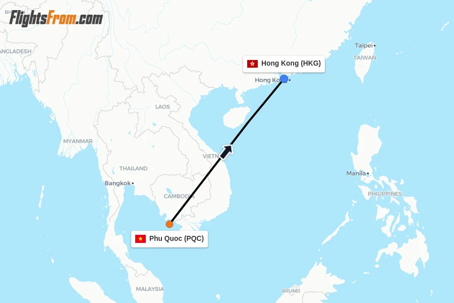 Flights from Phu Quoc to Hong Kong route map