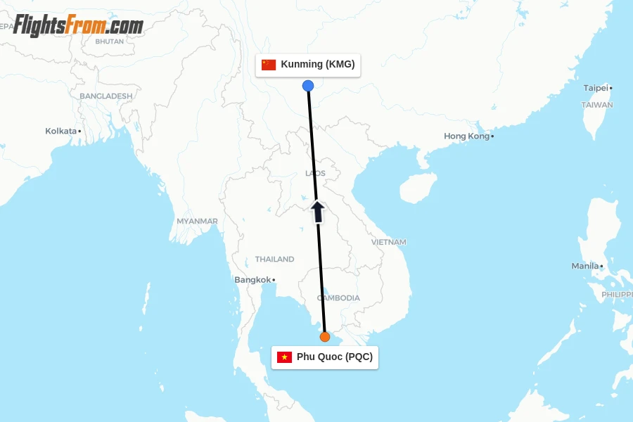 Flights from Phu Quoc to Kunming route map