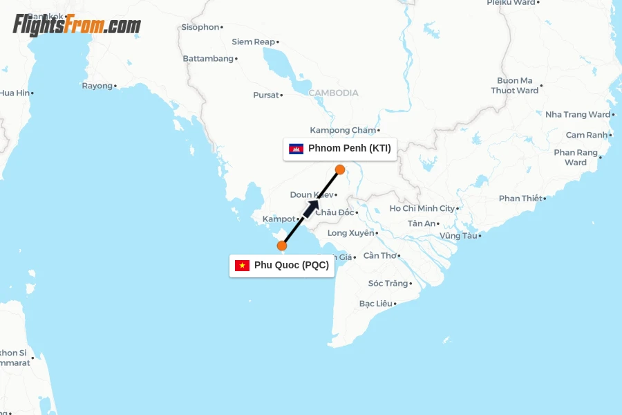 Flights from Phu Quoc to Phnom Penh route map